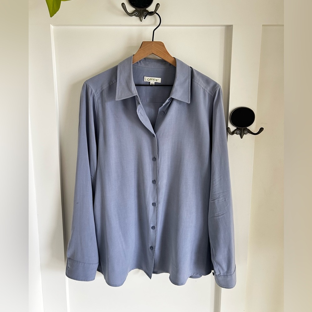 Silk Button Down Blouse Soft Blue French Minimal Classic - Picture 3 of 7